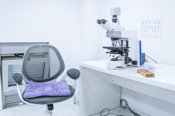 Modern laboratory for pharmacy background usage. Research laboratory, no people, clean white, horizontal