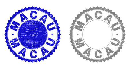 Grunge MACAU stamp seals isolated on a white background. Rosette seals with grunge texture in blue and gray colors. Vector rubber stamp imprint of MACAU tag inside round rosette.