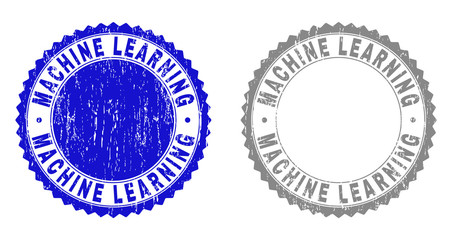 Grunge MACHINE LEARNING stamp seals isolated on a white background. Rosette seals with grunge texture in blue and gray colors.