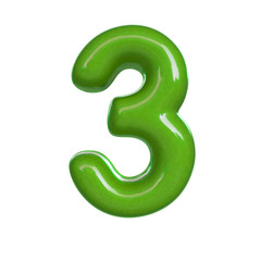 Glossy green number three, 3. 3D render of bubble font isolated on white background