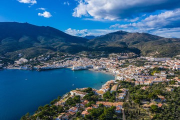 Aerial panoramic view of city Cadaques, sea and mountains, Beautiful Spanish small city by the sea....