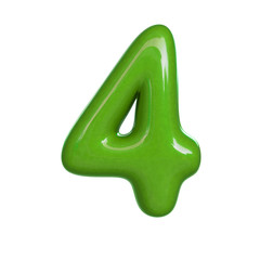 Glossy green number four, 4. 3D render of bubble font isolated on white background