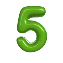 Glossy green number five, 5. 3D render of bubble font isolated on white background