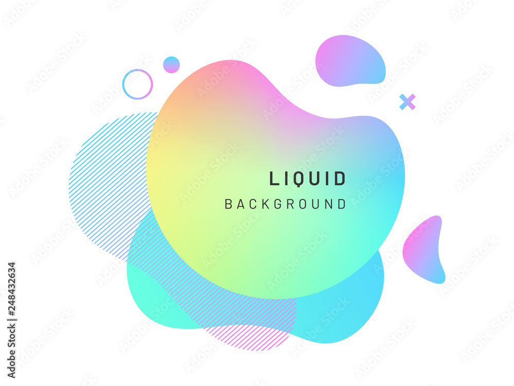 Poster Modern abstract geometric shape design. Liquid or fluid gradient colorful background with dynamic lines, cross. Splash or stain template for flyer design, halftone overlay bubbles. Logo, presentation