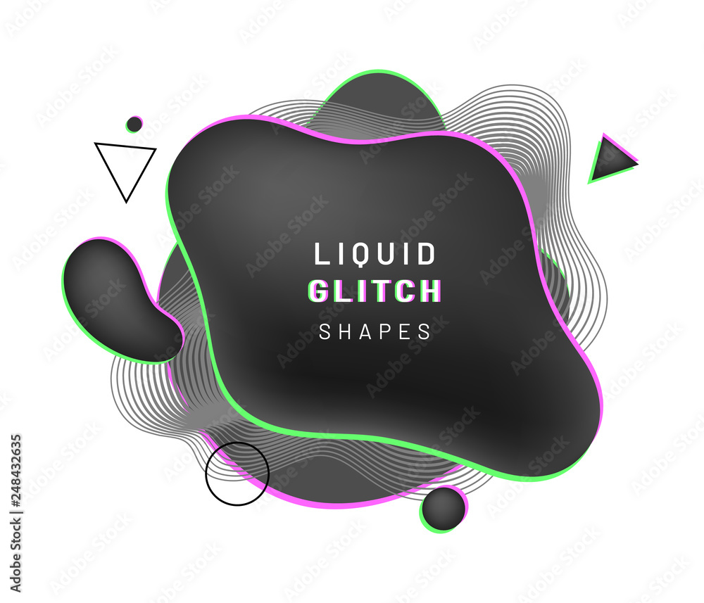 Poster Cover background with abstract liquid shape with glitch and blurry design. Black gradient fluid blob with dynamic wavy lines, circle, triangle. Overlap geometric composition for flyer or banner, logo