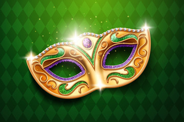 Shining diamonds on carnival mask. Colombina face cover for masquerade or costume party. Man and woman ball masque for theater or opera, mardi gras festival or brazil parade. Fashion and holiday theme © Sensvector