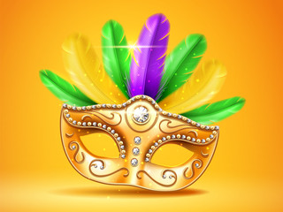 Colorful feather masquerade mask with diamonds. Carnival or party, festival celebration golden face cover. Part of theater costume. Colombina masque design for mardi gras festive. Celebration theme © Sensvector