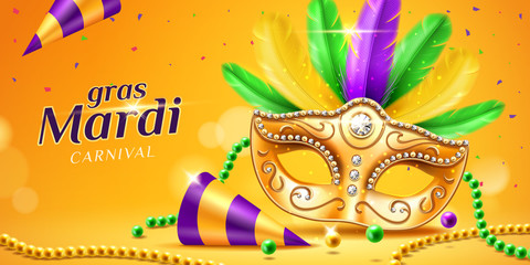 Mardi gras parade banner with masquerade or carnival mask and beads, feather and confetti, cone hat. Festival face cover and chaplet for card design. Party or holiday flyer. New Orlean festive