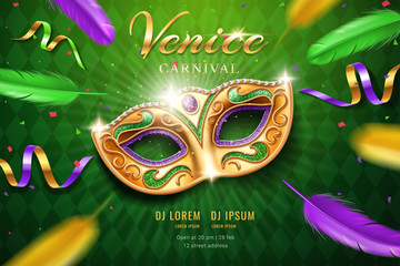 Poster with masquerade mask for mardi gras festival. Venetian carnival face cover part with feather and confetti, diamonds. Fat tuesday festive and venice holiday flyer, party and celebration theme