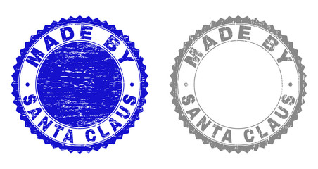 Grunge MADE BY SANTA CLAUS stamp seals isolated on a white background. Rosette seals with grunge texture in blue and gray colors.