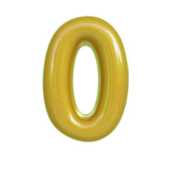 Glossy yellow number zero, 0. 3D render of bubble font isolated on white background