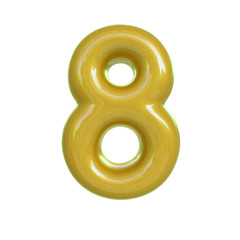 Glossy yellow number eight, 8. 3D render of bubble font isolated on white background