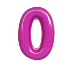 Glossy pink number zero, 0. 3D render of bubble font isolated on white background