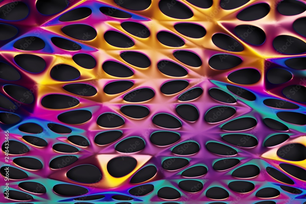 Poster multicolored metallic background, mesh with iridescent effect, 3d render / rendering
