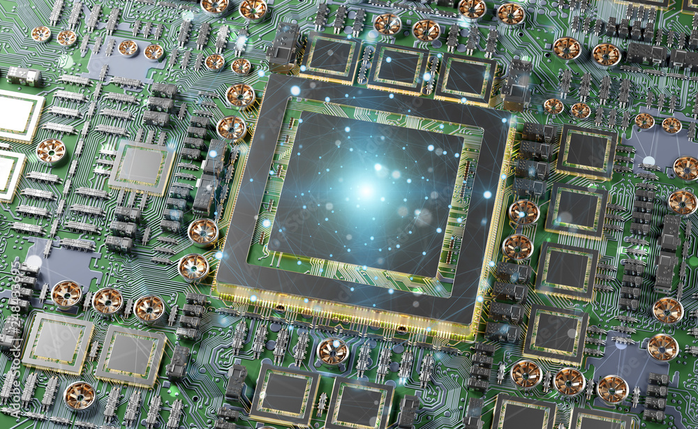 Aufkleber Close-up view of a modern GPU card with connections 3D rendering