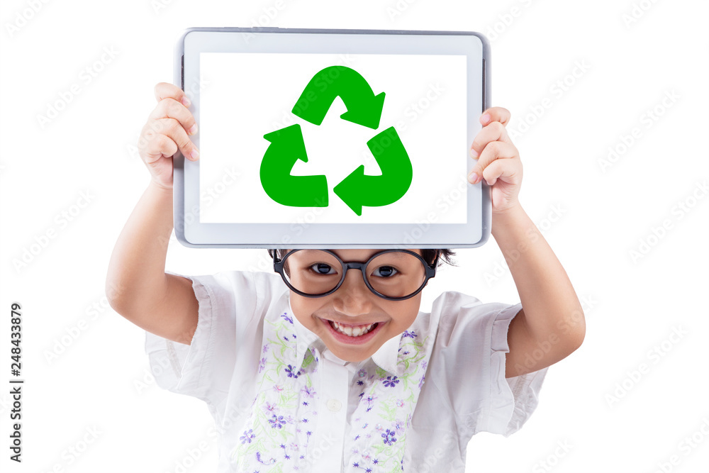 Wall mural little girl shows recycle symbol on the tablet