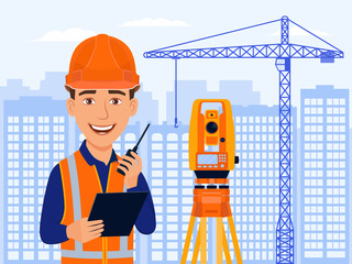 Surveyor, cadastral engineer, cartographer, cartoon smile character with total station and measurements equipment. City view, houses, construction crane. Vector flat illustration. 