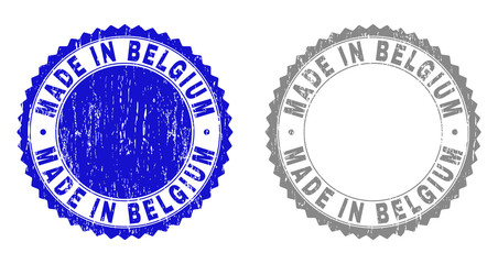 Grunge MADE IN BELGIUM stamp seals isolated on a white background. Rosette seals with grunge texture in blue and grey colors. Vector rubber overlay of MADE IN BELGIUM title inside round rosette.