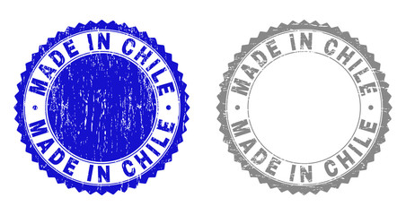 Grunge MADE IN CHILE stamp seals isolated on a white background. Rosette seals with distress texture in blue and gray colors. Vector rubber stamp imprint of MADE IN CHILE title inside round rosette.