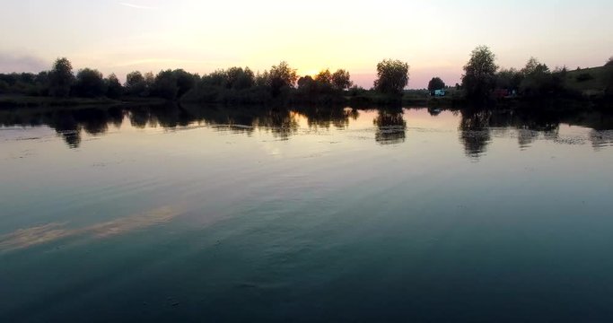 Gorin river, sunset. Ukraine, Rivne region, Aerial drone view