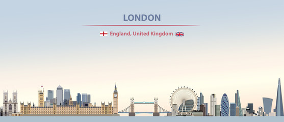 Vector illustration of London city skyline on colorful gradient beautiful day sky background with flags of  England and United Kingdom © brichuas