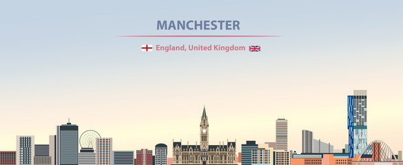 Obraz premium Ilustracja wektorowa panoramę miasta Manchester na tle kolorowe gradientu piękny dzień nieba z flagami Anglii i Wielkiej Brytanii