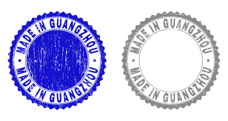 Grunge MADE IN GUANGZHOU stamp seals isolated on a white background. Rosette seals with grunge texture in blue and grey colors.