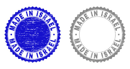 Grunge MADE IN ISRAEL stamp seals isolated on a white background. Rosette seals with grunge texture in blue and grey colors. Vector rubber stamp imprint of MADE IN ISRAEL tag inside round rosette.