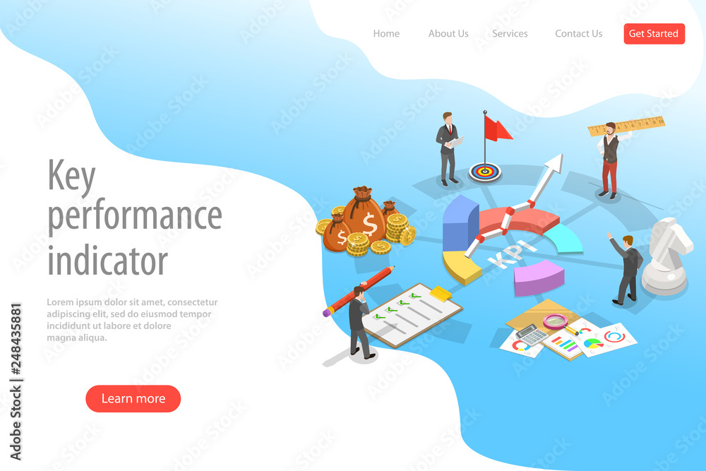 Poster key performance indicator flat isometric vector landing page template. renders major kpi points as f