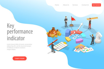 Key performance indicator flat isometric vector landing page template. Renders major KPI points as following objective, measurement, optimization, strategy, performance, evaluation.