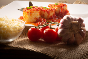 Traditional Italian Rondelli pasta with tomato sauceon rustic background