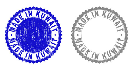 Grunge MADE IN KUWAIT stamp seals isolated on a white background. Rosette seals with grunge texture in blue and grey colors. Vector rubber stamp imprint of MADE IN KUWAIT tag inside round rosette.