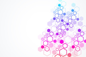 Abstract medical background DNA research, molecule, genetics, genome, DNA chain. Genetic analysis art concept with hexagons, waves, lines, dots. Biotechnology network concept molecule, vector