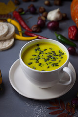 Pumpkin asian coconat cream soup. Autumn hot food