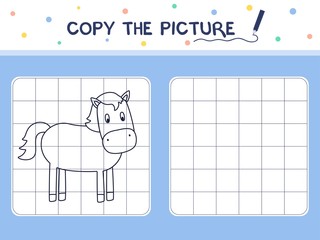 Horse. Copy the picture. Coloring book. Educational game for children. Cartoon vector illustration.