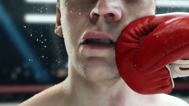 Great punch, boxer punching hook to the jaw, in super slow motion, highly detailed realistic 3d animation