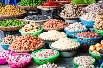 tropical spices and fruits sold at a local market in Hanoi (Vietnam)