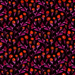 All over berries and branches pattern. Seamless watercolor print in palette of red, purple and black. 