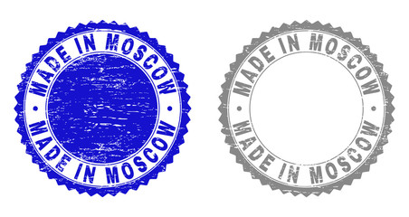 Obraz premium Grunge MADE IN MOSCOW stamp seals isolated on a white background. Rosette seals with distress texture in blue and grey colors.
