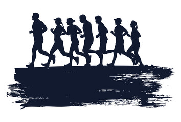 Silhouette of people running marathon with grunge splash, Vector