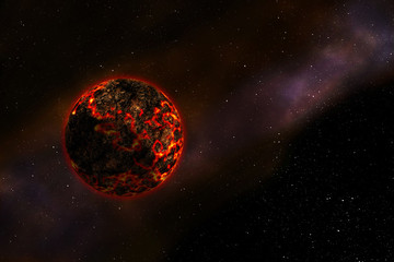 Space landscape. Fiery planet in deep space. Apocalyptic explosion of the planet. 3d Illustration.
