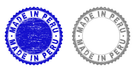 Grunge MADE IN PERU stamp seals isolated on a white background. Rosette seals with grunge texture in blue and gray colors. Vector rubber stamp imitation of MADE IN PERU label inside round rosette.