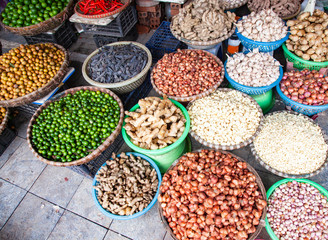 tropical spices and fruits sold at a local market in Hanoi (Vietnam)