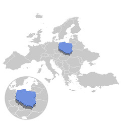 Obraz premium Vector illustration of Poland in blue on the grey model of Europe map with zooming replica of country.