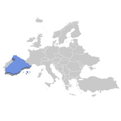 Vector illustration of Spain in blue on the grey model of Europe map.