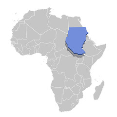 Vector illustration of Sudan in blue on the grey model of Africa map