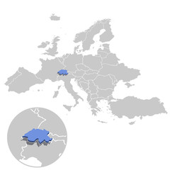 Vector illustration of Switzerland in blue on the grey model of Europe map with zooming replica of country.