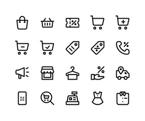 Simple Set of E Commerce Related Vector Line Icons. Contains such Icons as shopping bag, discount, store, label and More. pixel perfect vector icons based on 32px grid. Editable Strokes