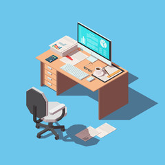 Naklejka premium Vector isometric concept of workplace with computer and office equipment. Isolated background.