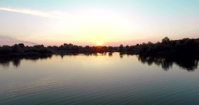 Gorin river, sunset. Ukraine, Rivne region, Aerial drone view